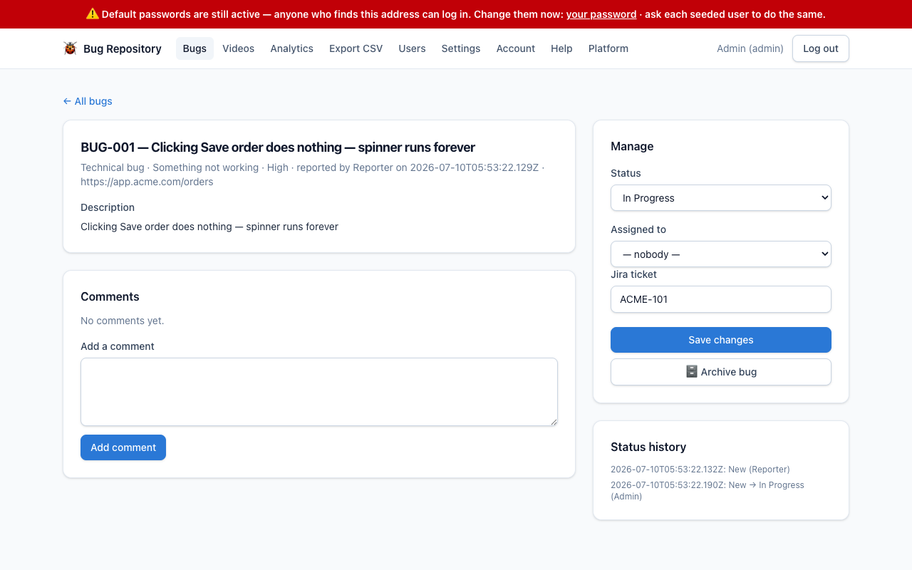 A bug detail page with an AI summary and a ticket preview panel