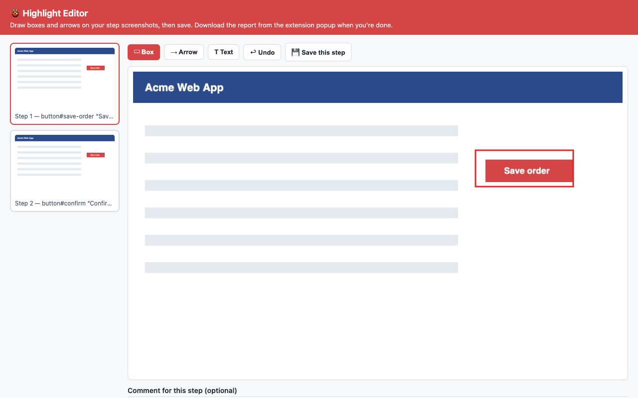 The step editor showing recorded reproduction steps with highlighted screenshots