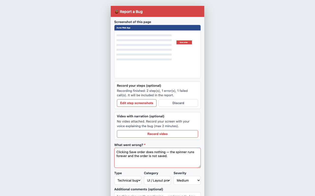 The Bug Reporter extension popup capturing a screenshot and bug details